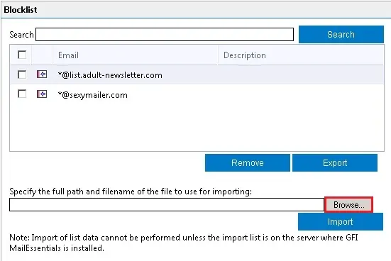 gfi mailessentials email blocklist import