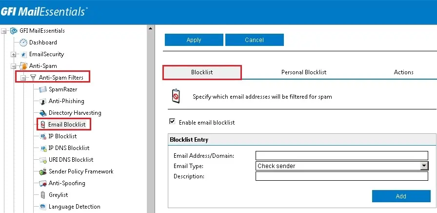 gfi mailessentials email blocklist