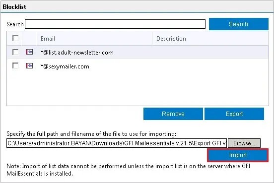 gfi mailessentials import email blocklist