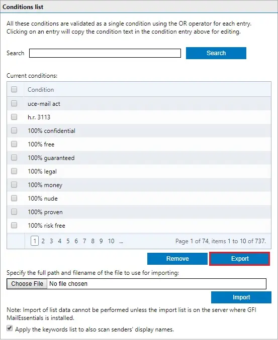 gfi mailesssentials spam keyword checking subject export