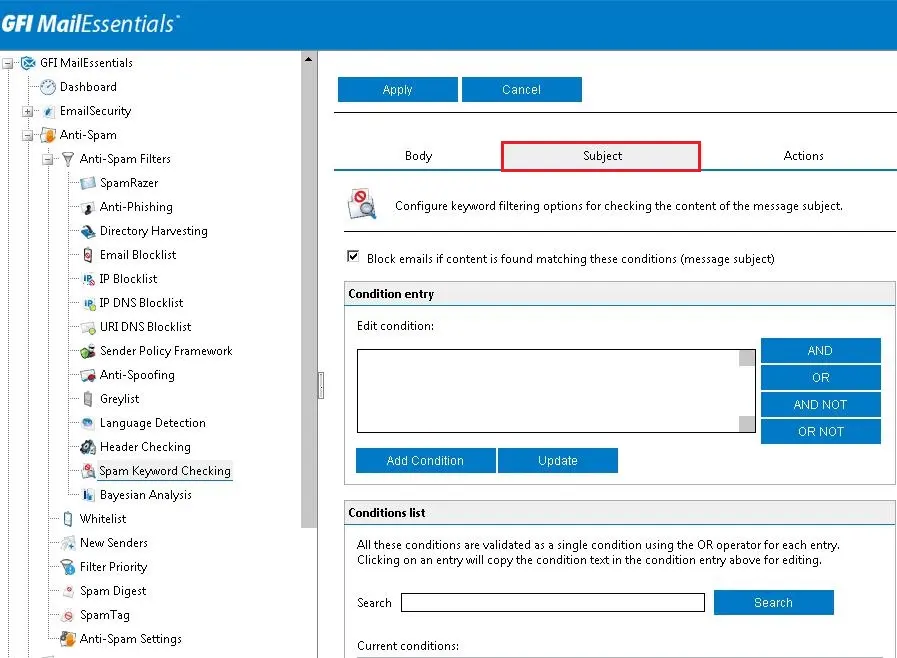 gfi mailesssentials spam keyword checking subject