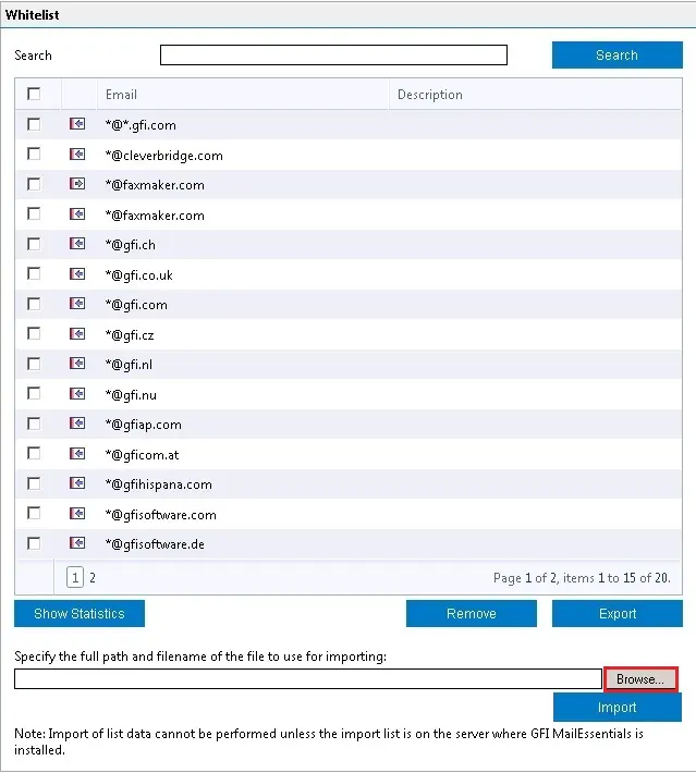 import whitelist gfi mailessentials