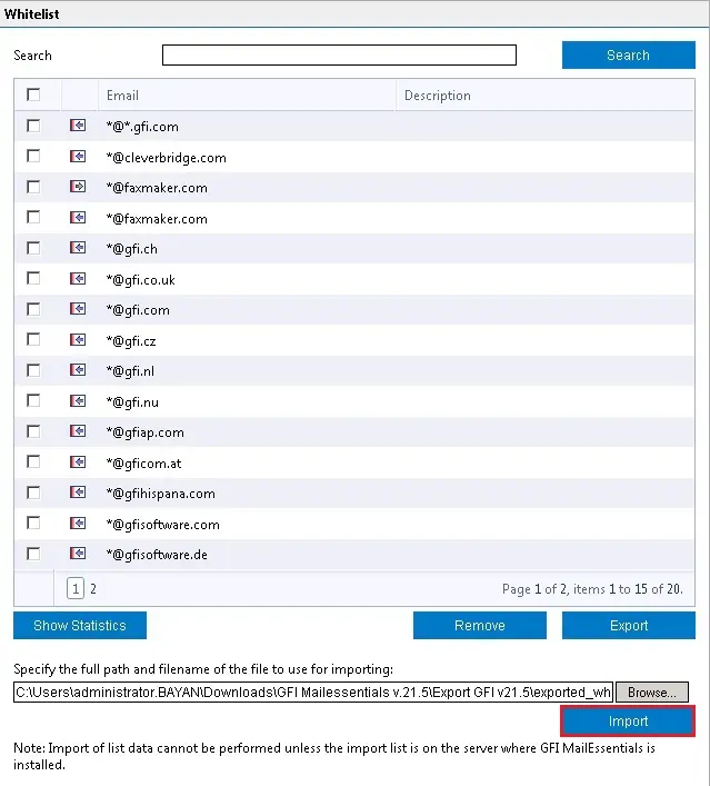 import whitelist gfi