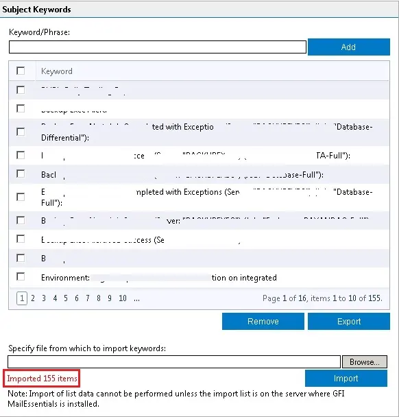 importd keyword whitelist gfi mailessentials