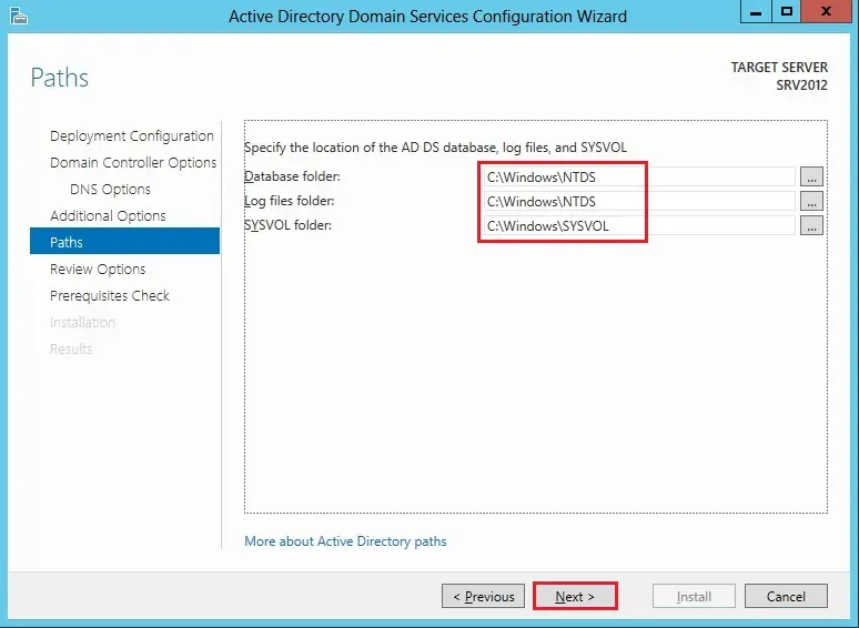 install active directory database path