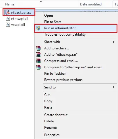 ntbackup.exe run as administrator