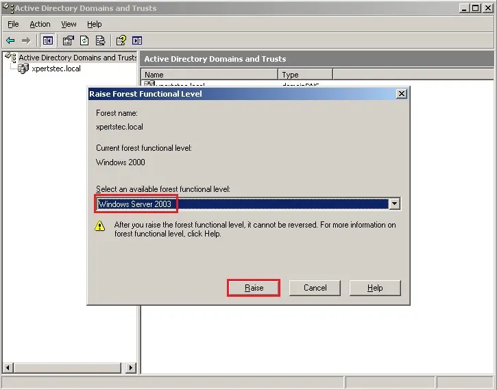 raise forest functional level active directory sever 2003