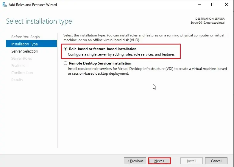 roles and features installation type