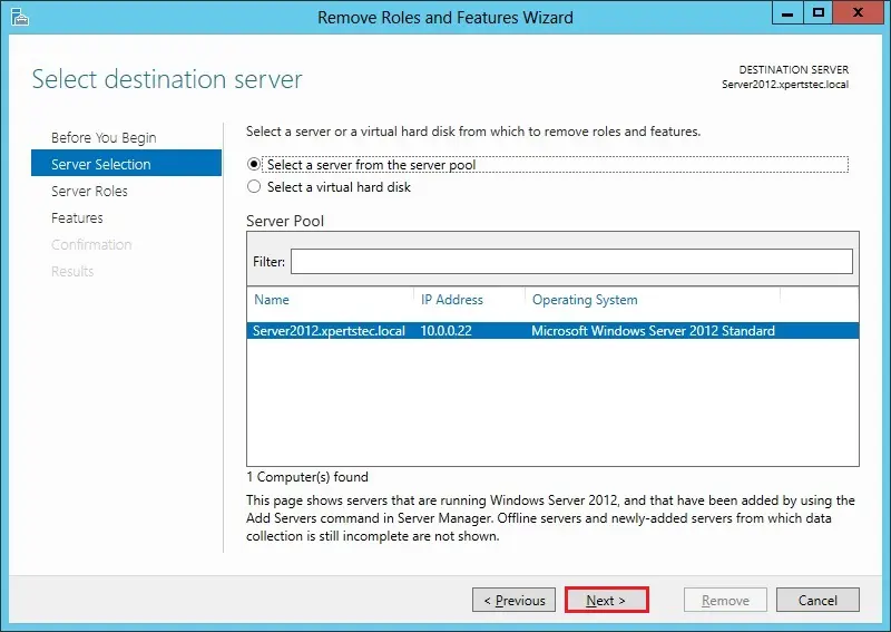 roles and features select destination server