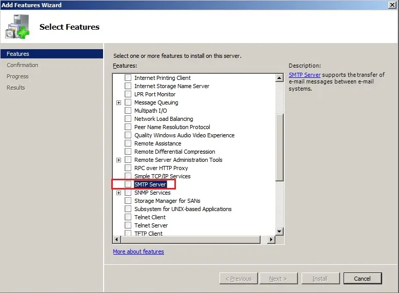  server 2008 enable smtp features