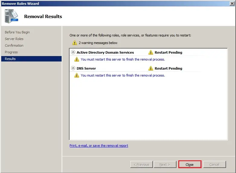 server 2008 remove roles result