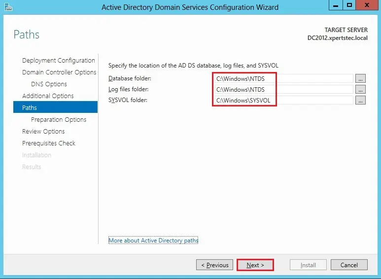 server 2012 ad ds database