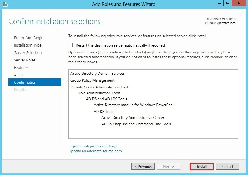 server 2012 confirm installation