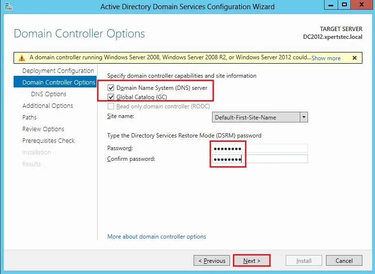 server 2012 domain controller options