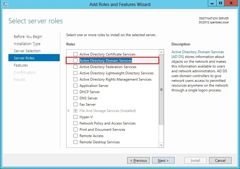 server 2012 roles active directory domain services