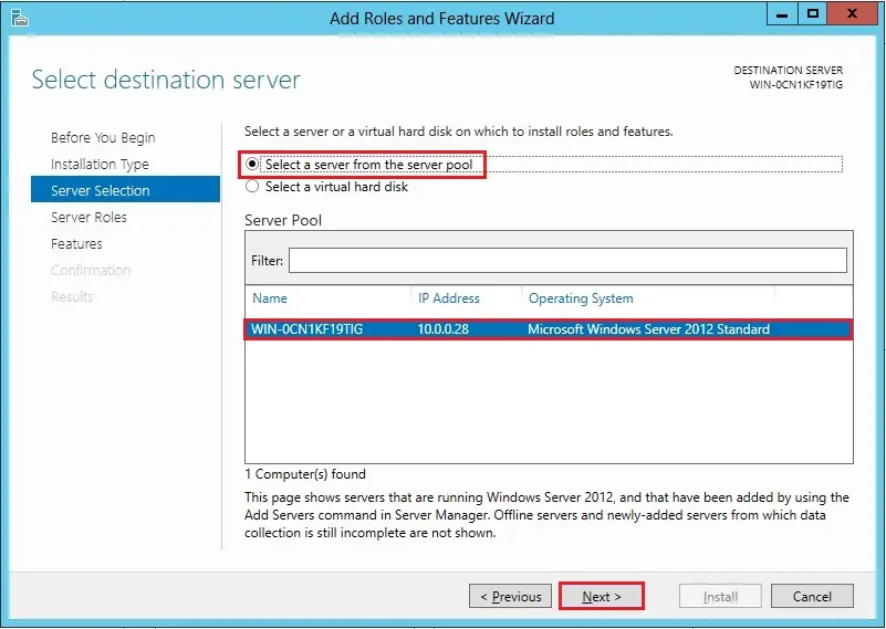 server 2012 server selections