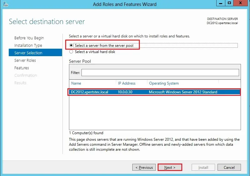 server 2012 server selections