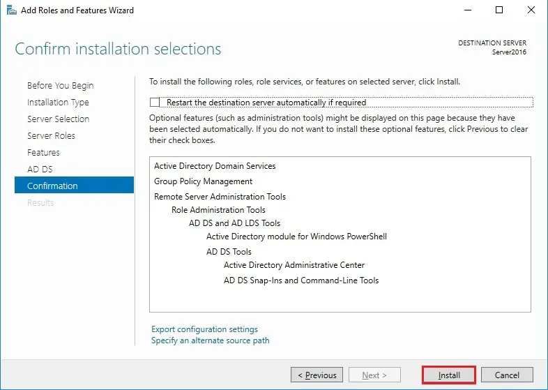 server 2016 confirm installation