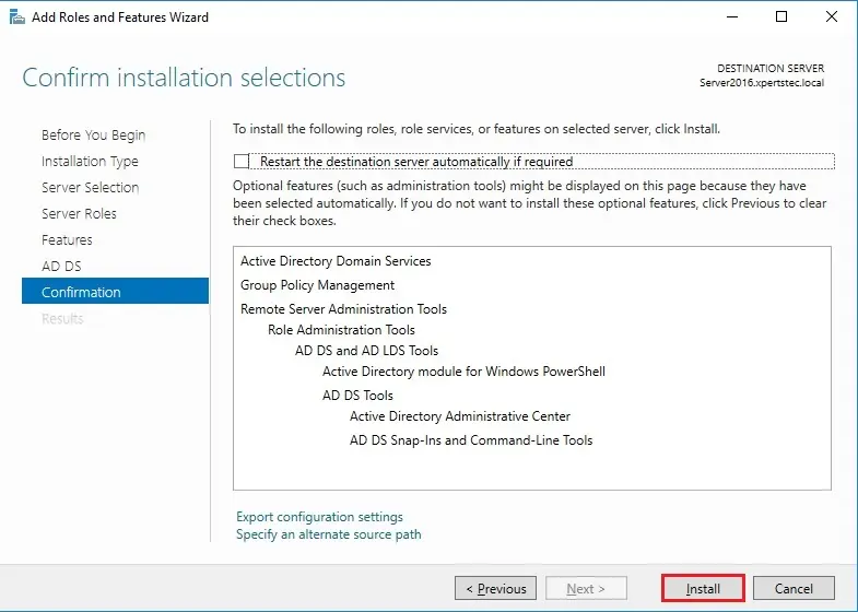 server 2016 confirm installation