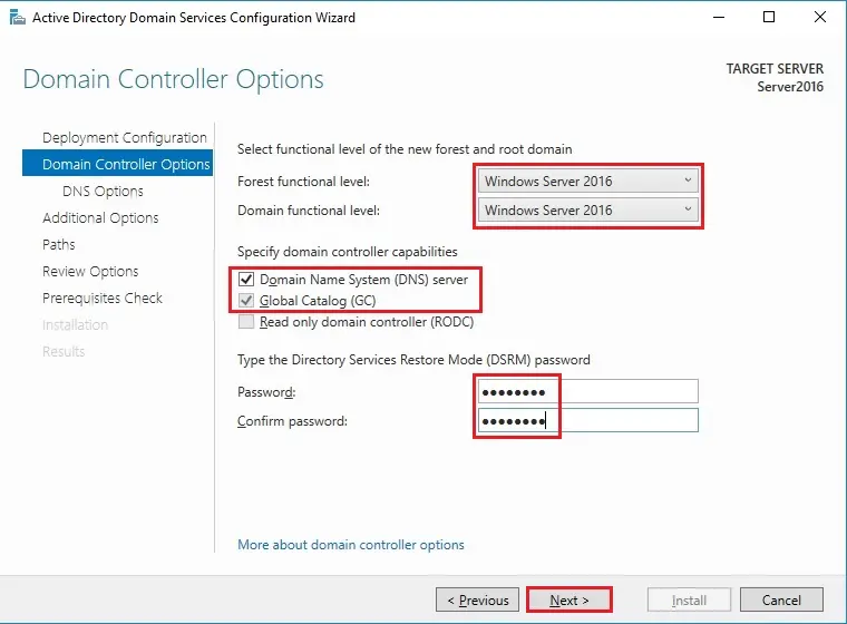 server 2016 domain controller options