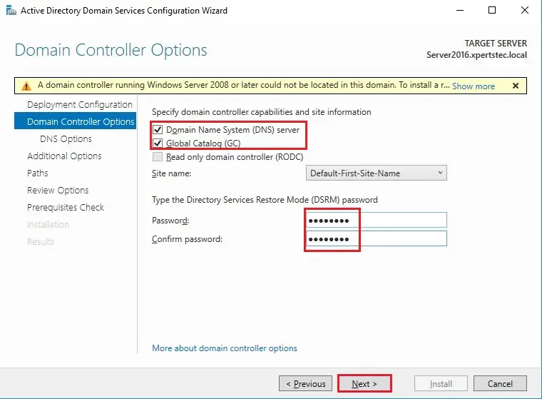 server 2016 domain controller options