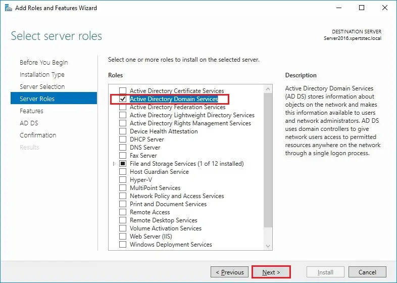 server 2016 role active directory domain services