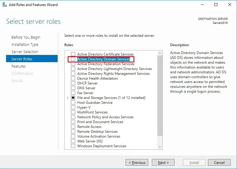 server 2016 role active directory domain services