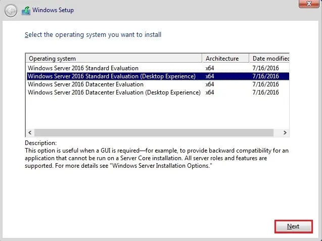 server 2016 select operation system