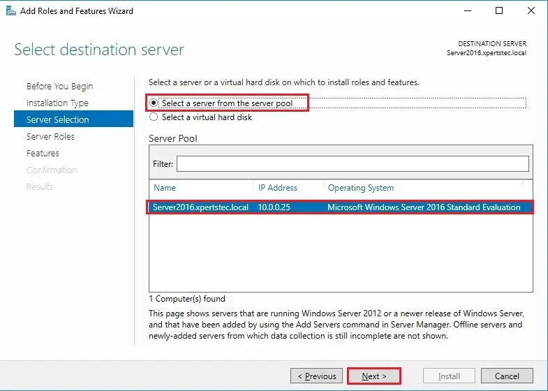 server 2016 server selection