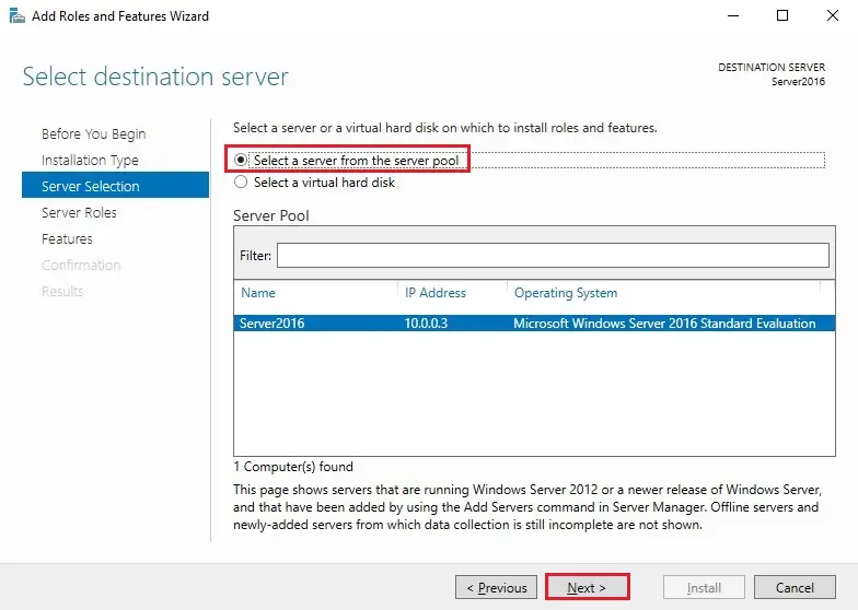 server 2016 server selections