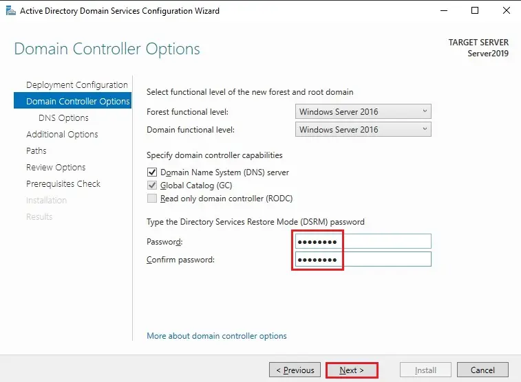 server 2019 active directory domain controller options