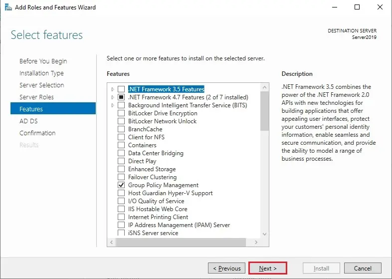 server 2019 active directory features