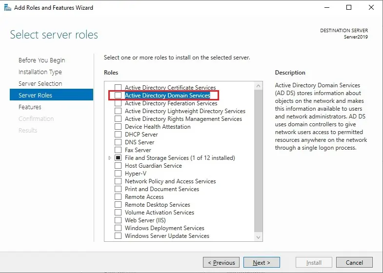 server 2019 role active directory domain services