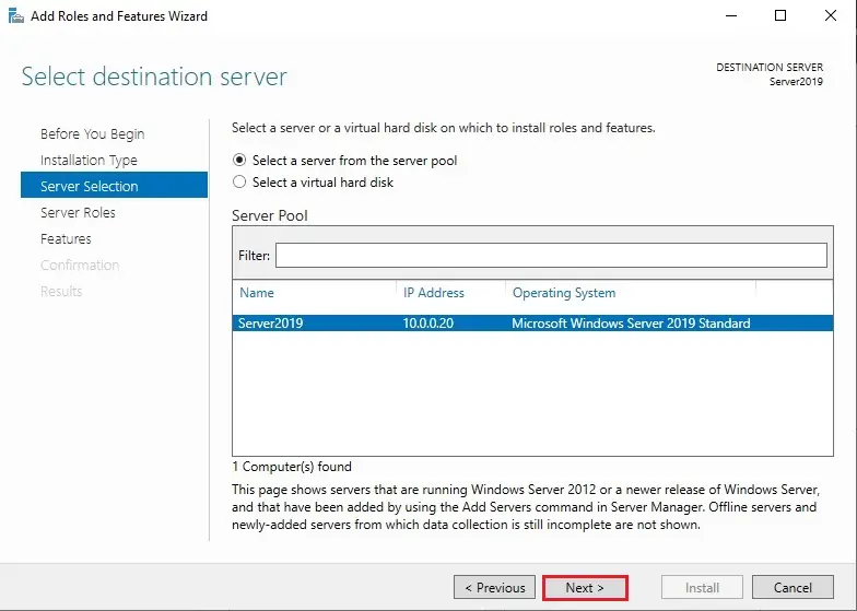 server 2019 server selection