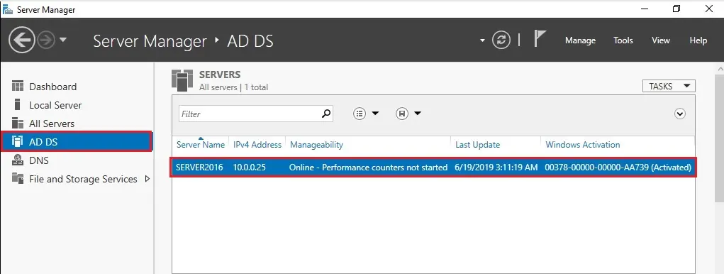 server manager 2016 ad ds