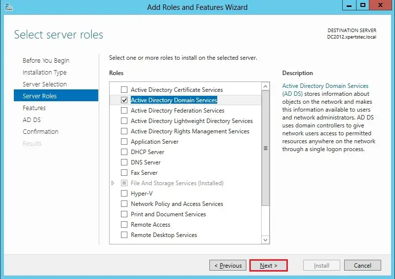 server roles active directory domain services