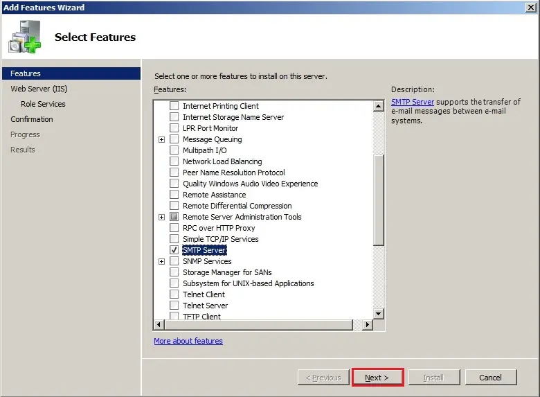 smtp features server 2008