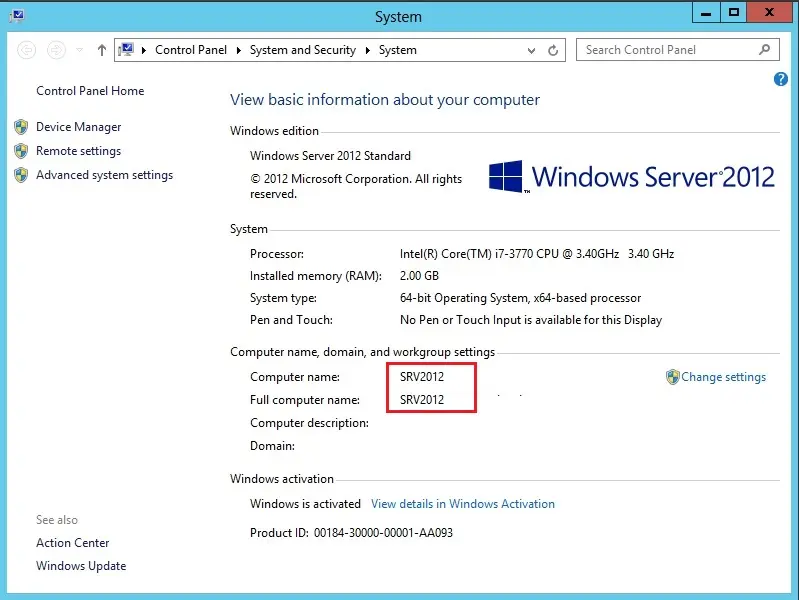 system properties server 2012