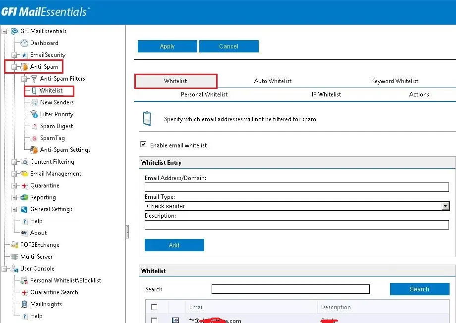 whitelist gfi mailessentials