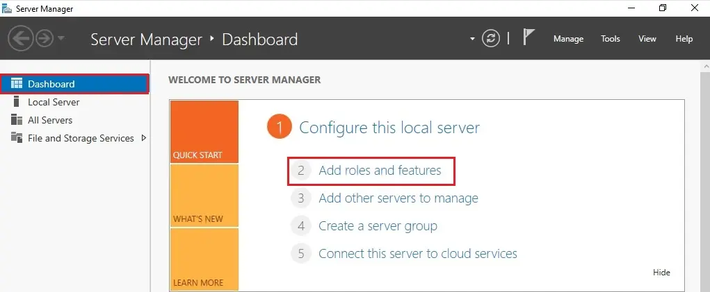 windows server 2016 dashboard