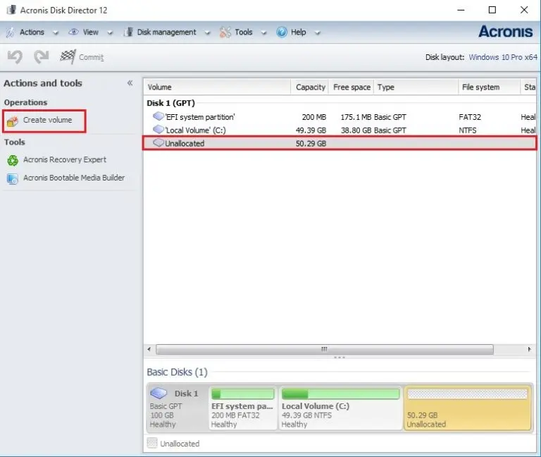 acronis disk director 12 create volume