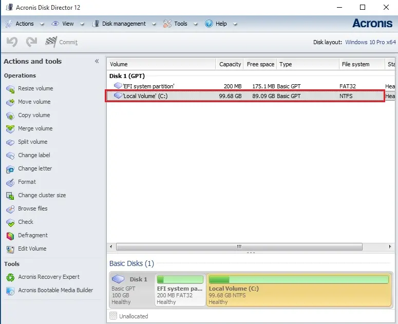 acronis disk director local volume