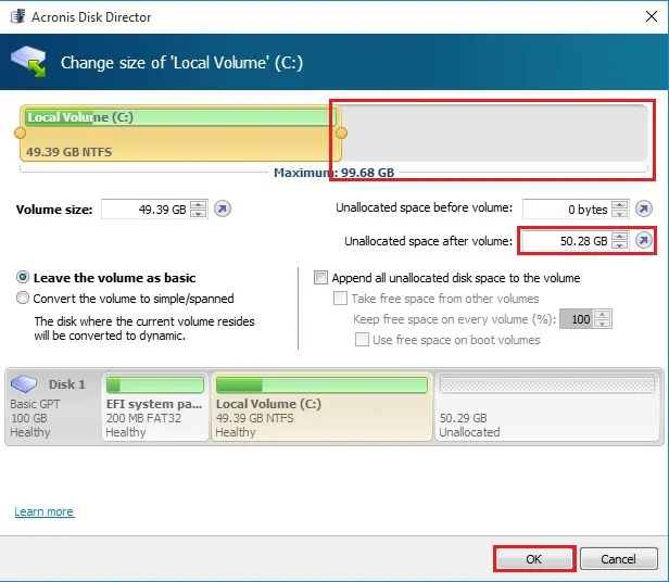 acronis disk director resize volume