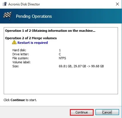 acronis pending operating restart is required