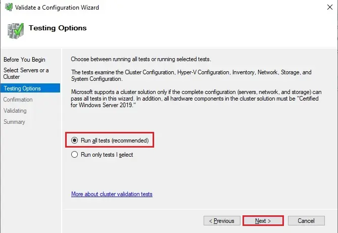 cluster validation testing options