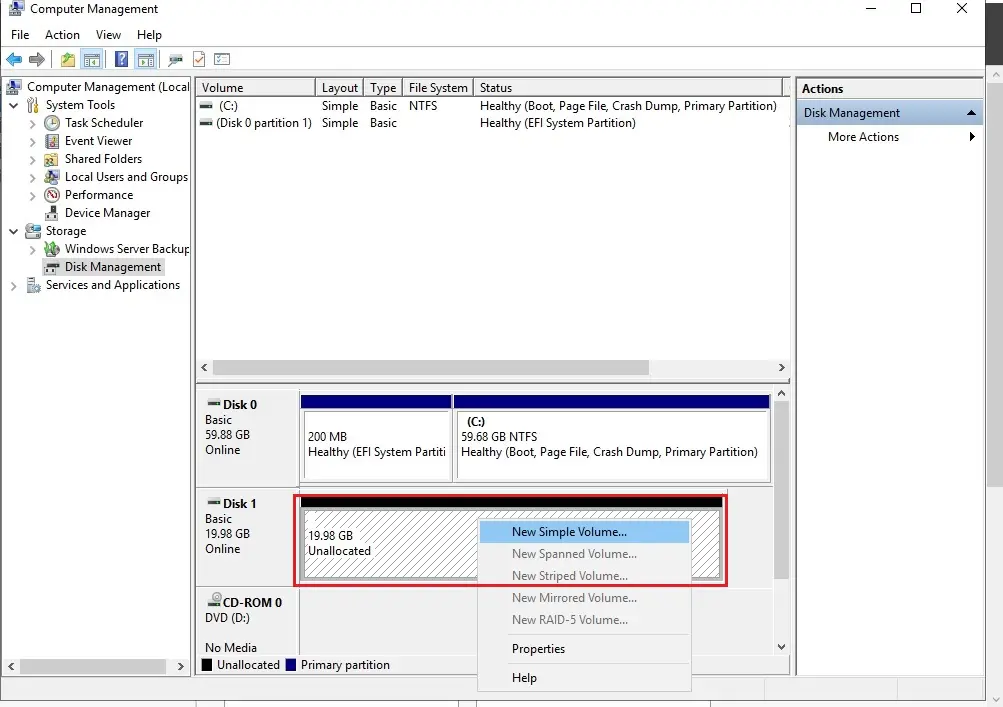 computer management disk unallocated