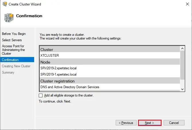 create cluster wizard confirmation