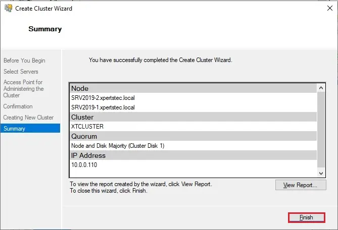 create cluster wizard summary