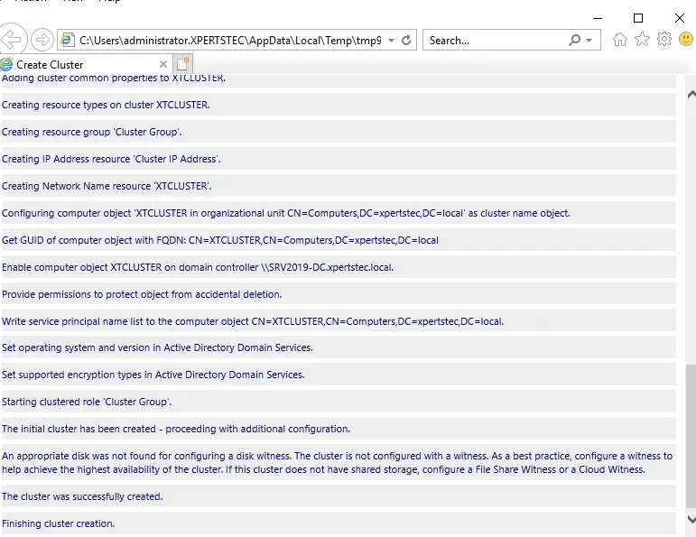 create cluster wizard view report