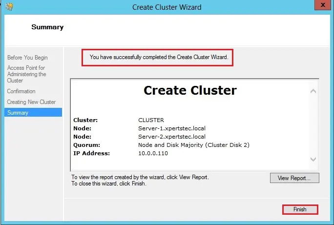 create failover cluster wizard summary